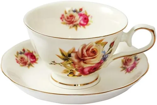 Vista 4 de Juego de té de cerámica europeo de 9 piezas, juego de café de servicio de té de porcelana de hueso con soporte de metal, para boda y regalo, pintura