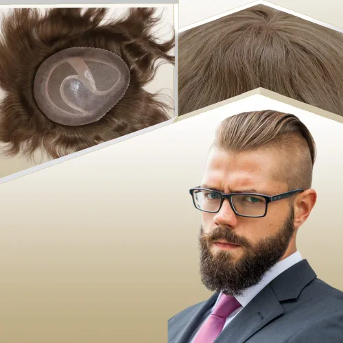 Vista 23 de Toupee para hombres sistemas de reemplazo de cabello humano real europeo para hombres, postizos finos, centro de encaje, piel más gruesa, pieza