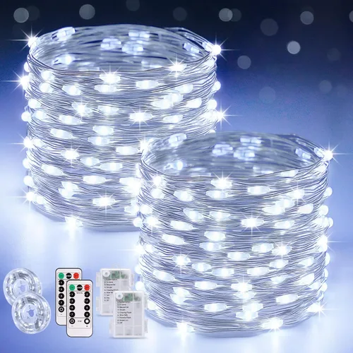 Vista 10 de JMEXSUSS Paquete de 2 Luces de Hadas Verdes a Batería, Total 200 LED 66 pies Luces de Cadena Parpadeantes con Control Remoto, 8 Modos de Luces