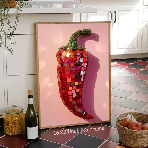 Vista 5 de Arte de pared de bola de discoteca funky con estampado de chile y pimienta, lindo arte de cocina, discoteca, póster de ilustración de comida