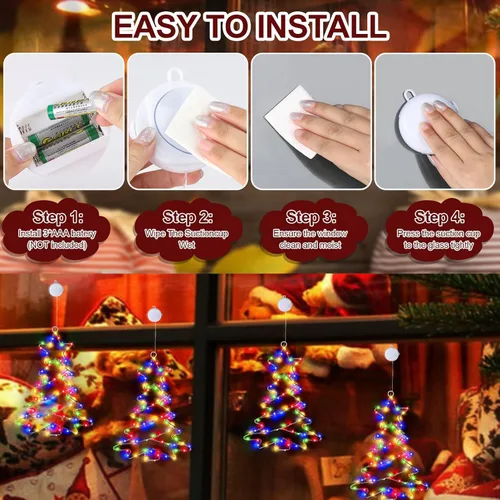 Vista 7 de 2 piezas de luces de ventana de Navidad, luces de árbol de Navidad con batería, luces de ventana de Navidad con marco de metal, decoraciones