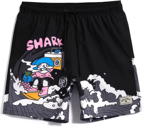 Vista 7 de WDIRARA Traje de baño con estampado de letras de dibujos animados para hombre, con bolsillo inclinado y cordón