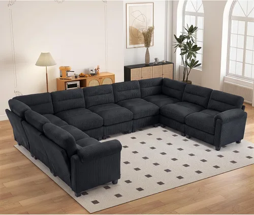 Vista 83 de HAOMARKETS Sofá esquinero modular en forma de L de 115 pulgadas con 2 otomanas móviles, sofás de pana de 8 plazas con cojín grueso para sala de Beige