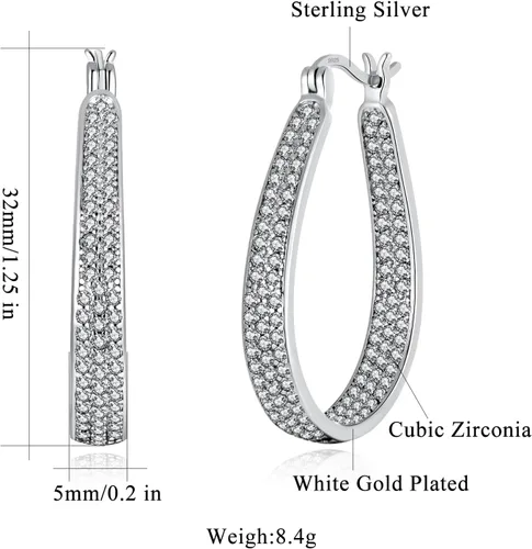 Vista 3 de CiNily Aretes de aro de plata de ley 925 con circonita cúbica azul grande para mujeres, adolescentes y niñas, aretes de aro grandes ovalados gruesos