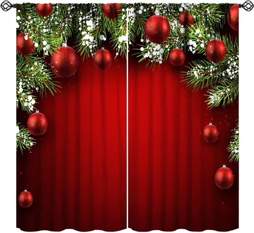 Vista 10 de Cortinas de Navidad de gnomo, bolas de árbol de Navidad, luces, regalos, decoración de tablones para sala de estar, dormitorio, bolsillo para barra