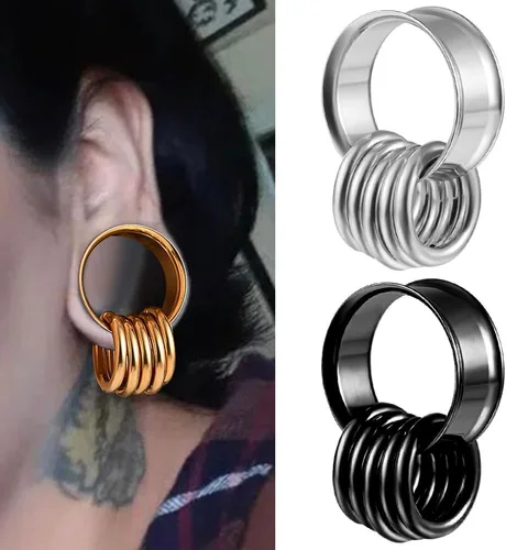 Vista 2 de DOEARKO 2 tapones para los oídos de acero inoxidable 316, túneles a juego, anillos de nariz, estiradores, piercings corporales, joyería