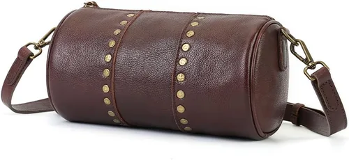 Vista 8 de Bolsos cruzados de cuero genuino para mujer, bolso cruzado bohemio con tachuelas, bolso de hombro pequeño para teléfono y cartera