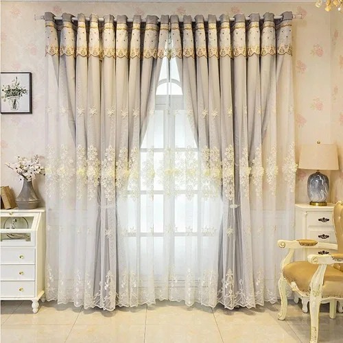 Vista 10 de Amidoudou 1 Par de Cortinas Europeas de Doble Capa Cortinas Bordadas de Lujo para Sala de Estar Dormitorio (Beige, 52x90 Pulgadas)
