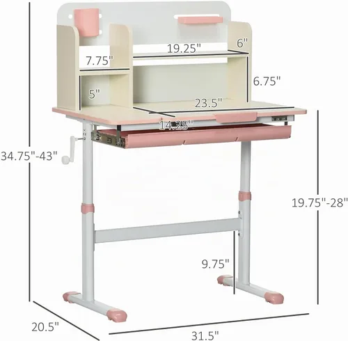 Vista 3 de Qaba Escritorio de estudio de madera para niños Altura ajustable