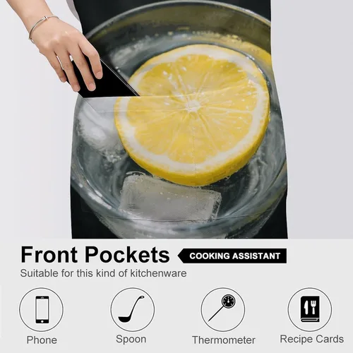 Vista 5 de MUSM Apron for Adults - 27.6 X 31.5 Inch, Heavy-Duty Polyester Aprons with Two Large Pockets, Waterproof Lemon And Cup Kitchen Apron for Cooking