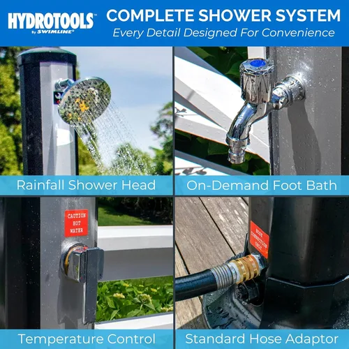 Vista 3 de SWIMLINE HYDROTOOLS - Ducha solar de lluvia Niagara de 7 pies para exteriores con tanque de 10 galones y lavado de pies