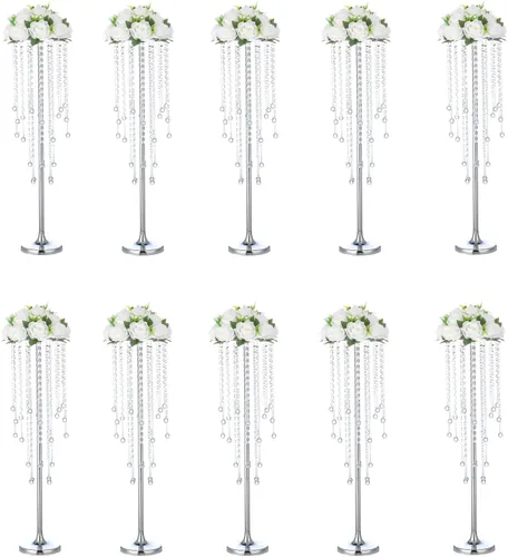 Vista 10 de Centros de mesa de boda dorados de 29.5 pulgadas para mesa, 2 jarrones altos, centros de mesa de boda con cuentas de cristal brillantes, soporte