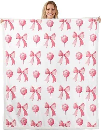 Vista 26 de Manta de franela de forro polar con lazos rosados femeninos de 40 x 50 pulgadas, manta mullida de corazones para el día de San Valentín para sofá
