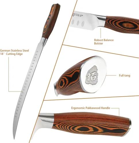 Vista 8 de TUO Cuchillo de carnicero – Cuchillos de carnicero de 12 pulgadas con borde de Granton curvado para cortar carne y verduras – Mango de madera