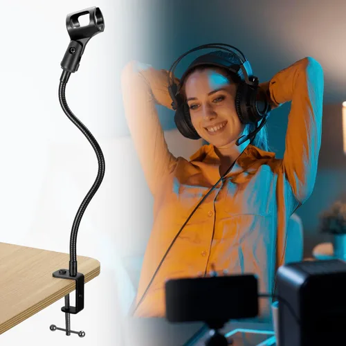 Vista 8 de QWORK Soporte de micrófono de cuello de cisne de 13 pulgadas, soporte de micrófono de escritorio con abrazadera con brazo flexible de 360°, soporte