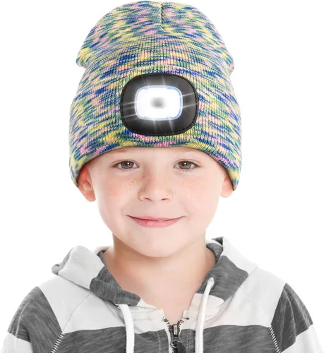 Vista 9 de Gorro LED para Niños, Unisex Gorro con Linterna Frontal Recargable de Invierno con Luz Nocturna, Regalos para Niños y Niñas Naranja
