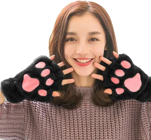 Vista 5 de PENINSULA LOVE Guantes de pata de gato, guantes de felpa cálidos para cosplay, guantes de animal de garra de oso, guantes de punto sin dedos