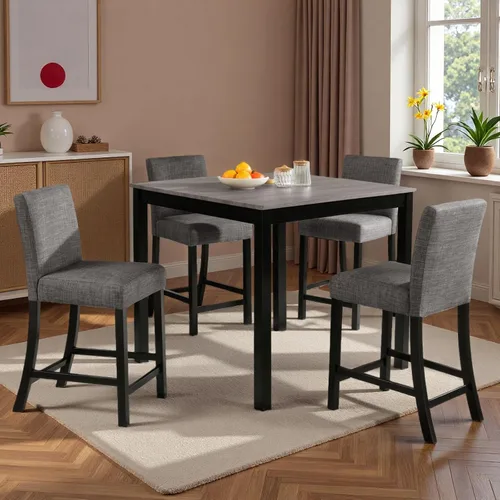 Vista 7 de Juego de mesa de comedor de 5 piezas para 4, juego de cocina de altura de mostrador con mesa cuadrada de madera y 4 sillas, sillas de sala