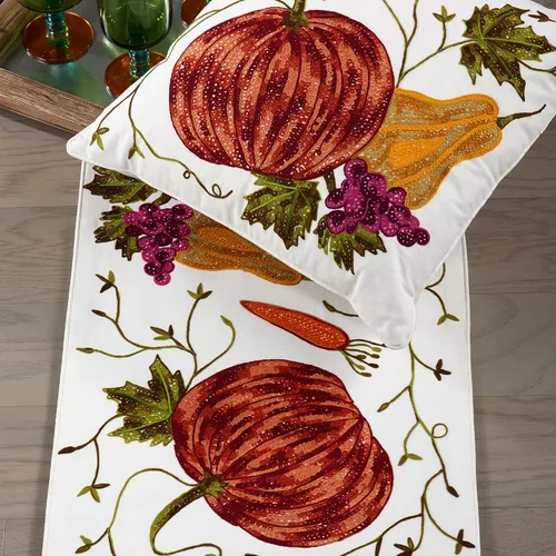 Vista 3 de SARO LIFESTYLE Camino de mesa de algodón con diseño de calabaza bordada, 16 x 72 pulgadas, marfil