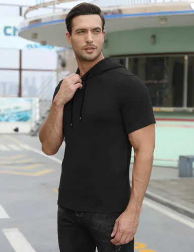 Vista 2 de KELLORENA Sudadera con capucha para hombre, elástica, de manga corta, ligera, acanalada, para gimnasio