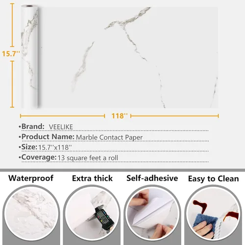 Vista 9 de VEELIKE - Papel de contacto de mármol blanco de 15.7 pulgadas x 118 pulgadas para encimeras. Papel pintado de mármol autoadhesivo impermeable y mate