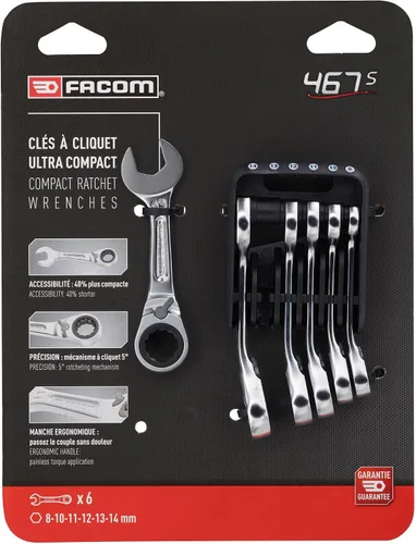 Vista 2 de Facom 467bs. JP6PB Juego de llaves combinadas de trinquete corto portátil con estuche, negro, juego de 7 piezas