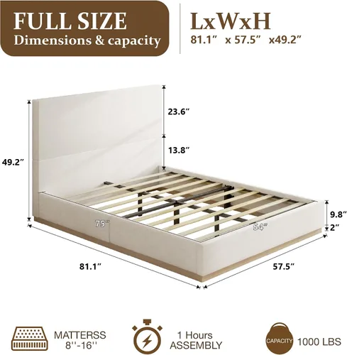 Vista 2 de Base de cama matrimonial con cabecero, plataforma tapizada de terciopelo con base de madera cerrada, estructura de metal y soporte de listones