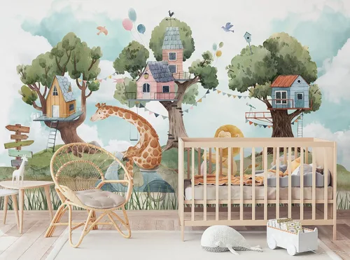 Vista 5 de Papel tapiz infantil con diseño de animales del bosque con casa del árbol