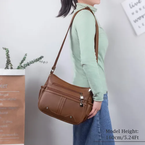 Vista 2 de Bolso bandolera de piel sintética suave para mujer, bolso cruzado con múltiples bolsillos, bolso cruzado mediano espacioso a la moda con asa superior
