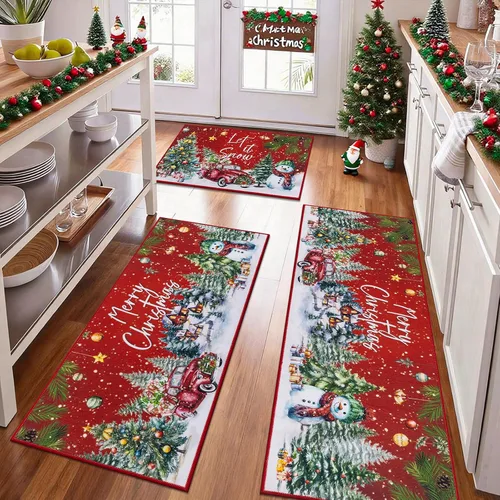 Vista 11 de Juego de 3 tapetes de cocina de Feliz Navidad, alfombras antideslizantes de cocina para invierno y fiestas navideñas Xmas, alfombra cómoda