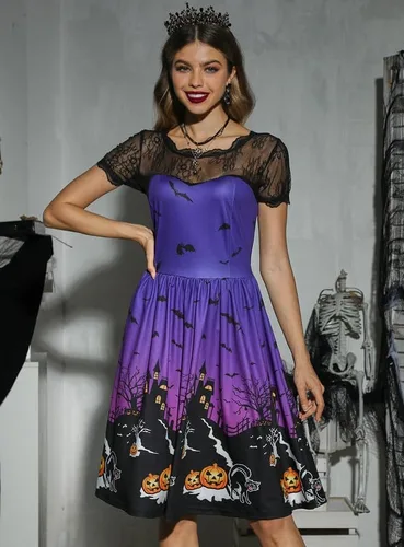 Vista 5 de Spadehill Vestido de encaje de manga corta para mujer, disfraz de Halloween