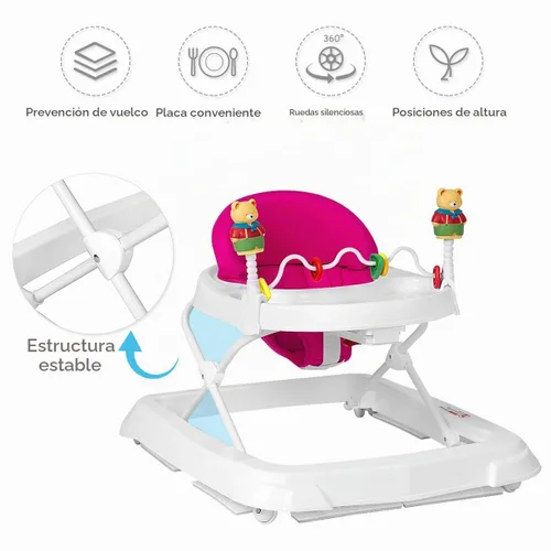 Vista 8 de Andador de bebé con ruedas para niños y niñas Andador plegable con juguetes para caminar y altura ajustable de 3 niveles, cómodo caminador de Rosa