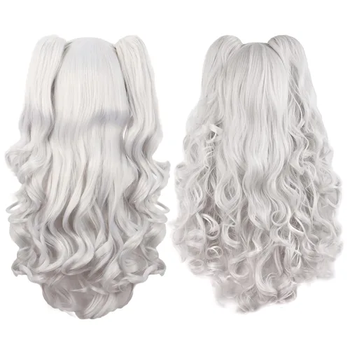 Vista 18 de Peluca MapofBeauty Lolita para disfraz, cabello largo, rizado, con coleta, Blanco