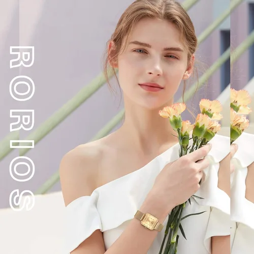 Vista 2 de RORIOS Reloj analógico de cuarzo para mujer, reloj de pulsera clásico casual con correa de malla de acero inoxidable, impermeable, simple reloj