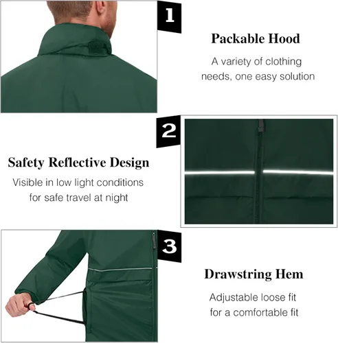 Vista 3 de Corna Chaquetas impermeables plegables para hombre, ligeras para senderismo, correr, rompevientos con capucha, multifuncionales