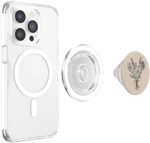 Vista 3 de PopSockets MagSafe PopGrip para iPhone con diseño floral de flores silvestres beige arena bronceada