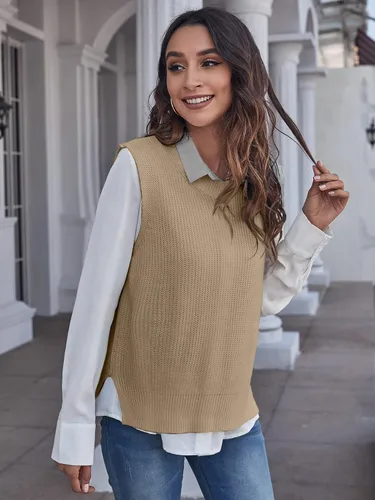 Vista 3 de Verdusa Chaleco de suéter sin mangas con cuello redondo dividido para mujer