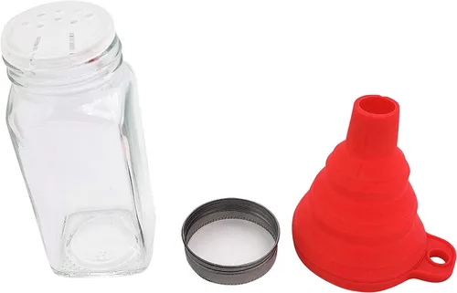 Vista 3 de Zugar Land Juego de 14 tarros cuadrados de vidrio para especias con tapas y embudo, etiquetas de pizarra y bolígrafo, y herméticos