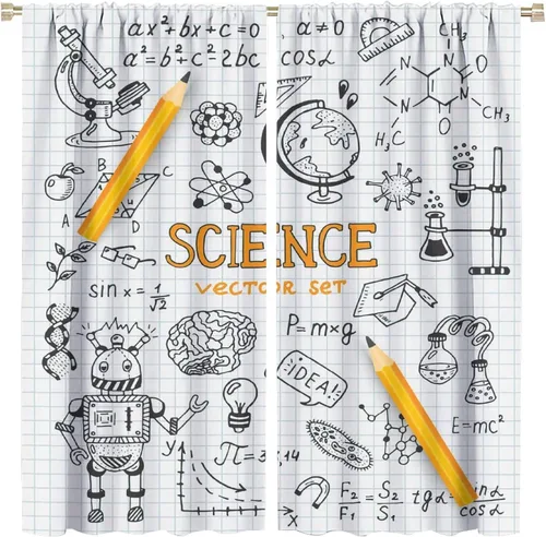 Vista 80 de Cortinas opacas para ventanas de ciencia para niños, lupa de libro de laboratorio de ciencia, lupa, frascos moleculares, cortinas impresas