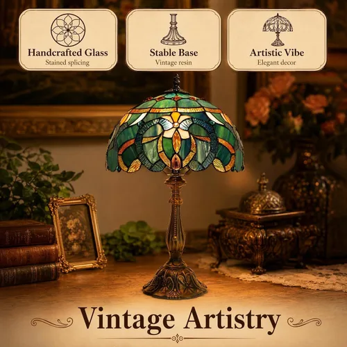 Vista 4 de Tiffany Table Lamp Stained Glass Bedside Reading Light W12H19 inch