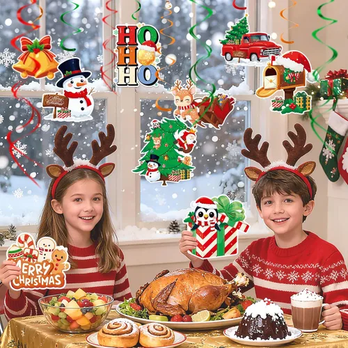 Vista 6 de Juego de decoración navideña: pancarta y remolinos colgantes, para el hogar, oficina, aula, decoración de fiesta de Navidad en interiores