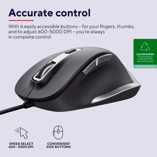 Vista 2 de Trust Fyda - Mouse USB para computadora fabricado con materiales reciclados, 600-5000 DPI, 6 botones, soporte para pulgar, mouse ergonómico