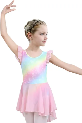 Vista 3 de iLover Vestido de leotardo clásico con tutú y mangas con volantes para niñas, para danza, gimnasia y ballet