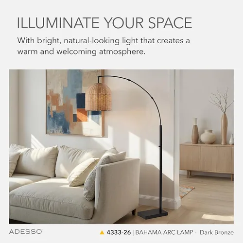 Vista 3 de Adesso Lámpara de pie de arco de bronce con pantalla de ratán – Moderna luz de acento costera para dormitorio, sala de estar u oficina en casa, 80
