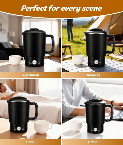 Vista 8 de Hervidor eléctrico portátil de viaje, hervidor de agua pequeño de 20.3 fl oz con taza de cerámica, caldera de agua de acero inoxidable 304 con doble
