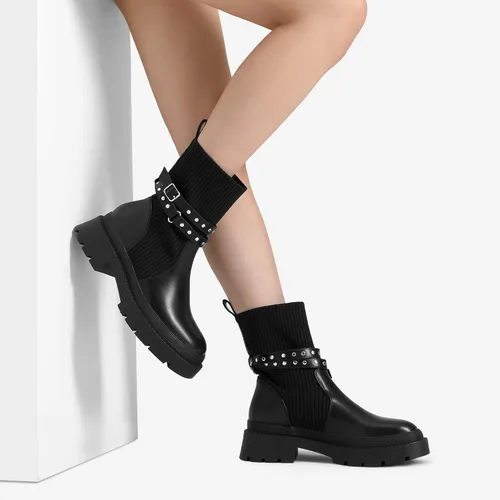 Vista 5 de DREAM PAIRS Women's Ankle Boots Lug Sole Chunky Heel Platform Chelsea Booties Elastic Gore Mid Calf Boots