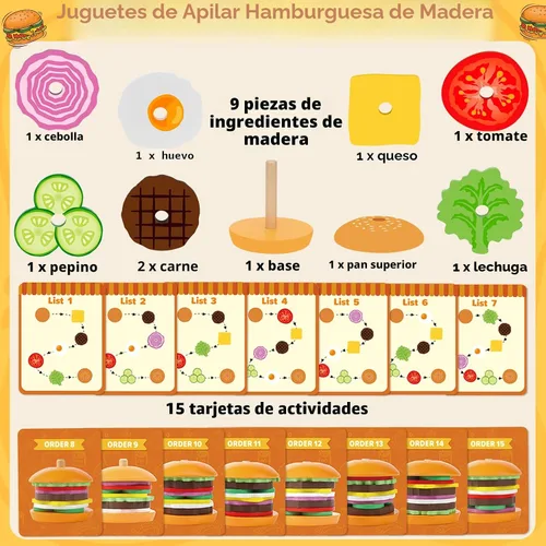 Vista 2 de Jumlys Montessori Juguetes de Madera Apilables de Hamburguesa para Niños de 2, 3, 4, 5 Años, Juguetes de Motricidad Fina para Niños y Niñas