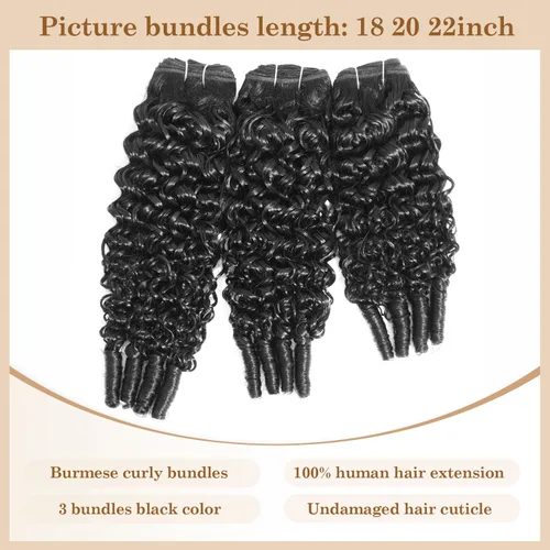 Vista 3 de ALLRUN Paquetes de cabello humano rizado birmano, 3 piezas de 14, 16, 18 pulgadas, paquetes de cabello humano rizado crudo con extremos en espiral