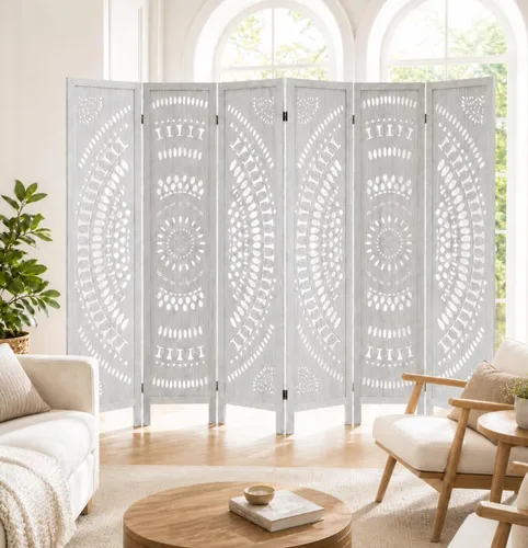 Vista 7 de Separador de pared de madera de 6 paneles de 6 pies, pantalla de división plegable, separador de pared independiente, decoración rústica bohemia