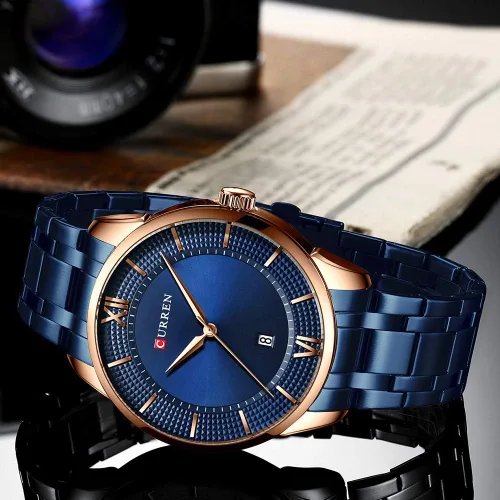 Vista 5 de CURREN Reloj de pulsera de acero para hombre con fecha clásico color negro Dorado blanco